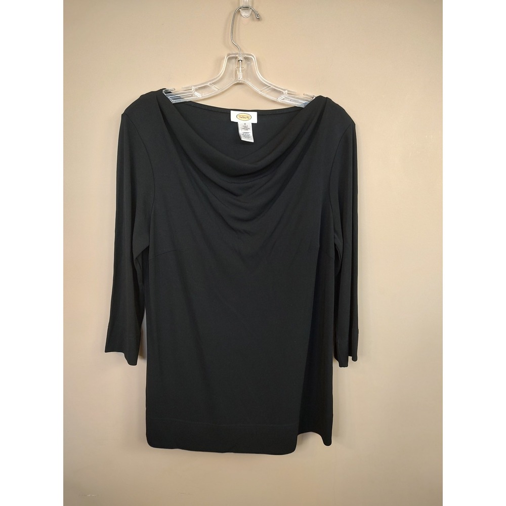 Talbots Black Cowl Neck 3/4 Sleeve Knit Top Blouse Medium Solid Rayon Blend